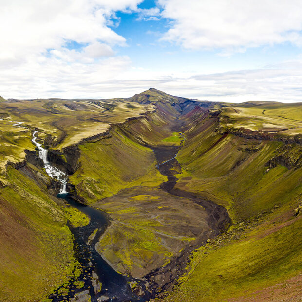 canyon eldgja and waterfall ofaerufoss in the highlands of iceland