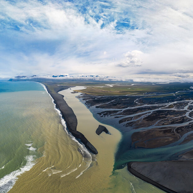 bay of heradsfloi in north east iceland glacial river delta